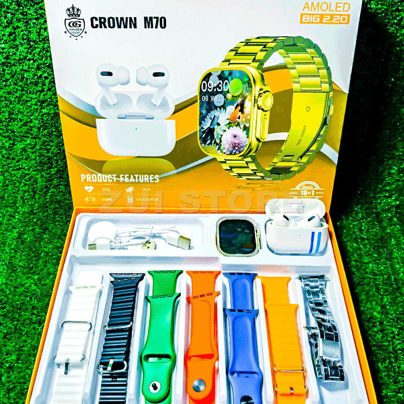 Crown M70 Smart Watch + AirPods Combo | 7 Straps Included | Bluetooth Calling | Premium Budget Deal | 75