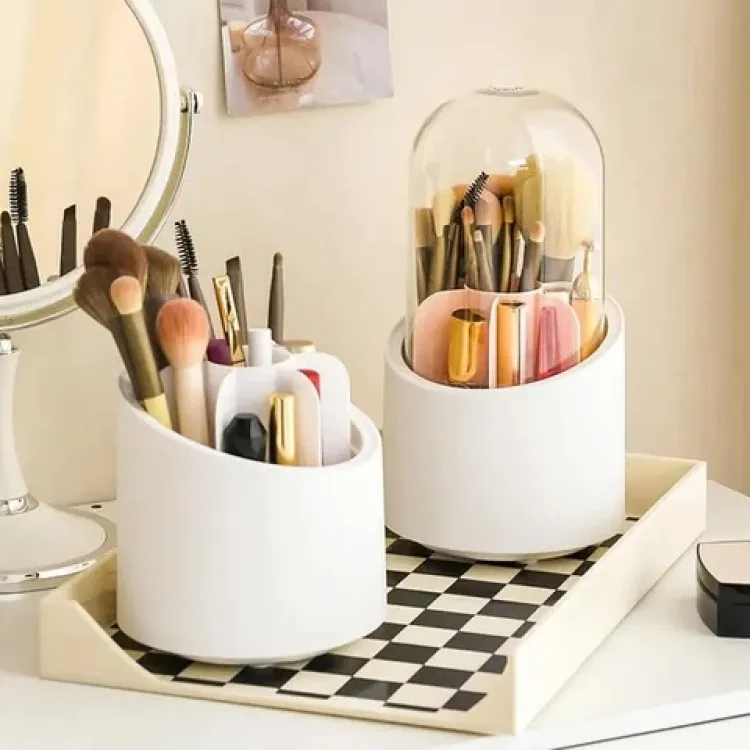 Makeup Brush Holder Organizer With Lid 360° Rotating Dustproof 0030