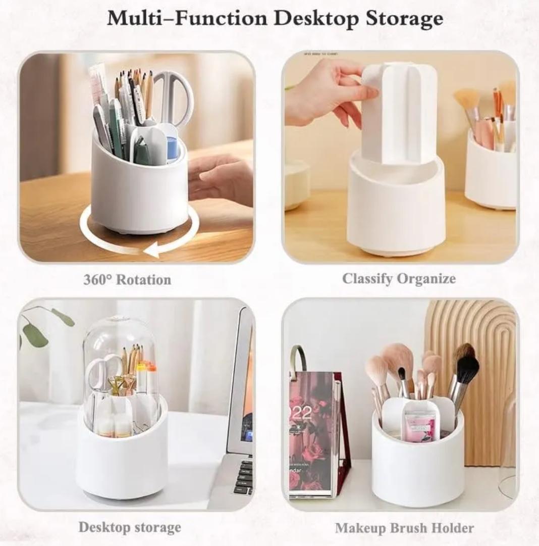 Makeup Brush Holder Organizer With Lid 360° Rotating Dustproof 0030