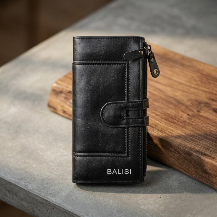 Premium Balisi Leather Long Wallet – Elegant Bi-Fold Business Clutch & Multi-Card Travel Organizer for Men(Black)   - 05