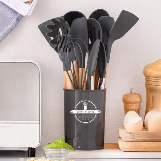 Silicone Kitchen Utensil Set with Wooden Handles - Black, large -0025