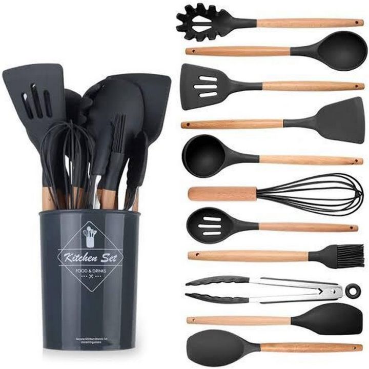 Silicone Kitchen Utensil Set with Wooden Handles - Black, large -0025