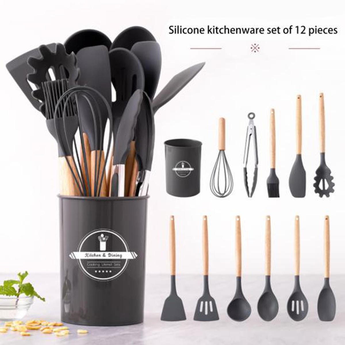 Silicone Kitchen Utensil Set with Wooden Handles - Black, large -0025