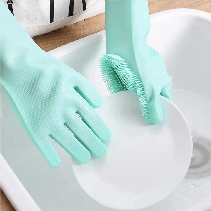 Silicone Non Slip Scrubber Dish Washing Gloves, 1 Pair- Multicolor -0014