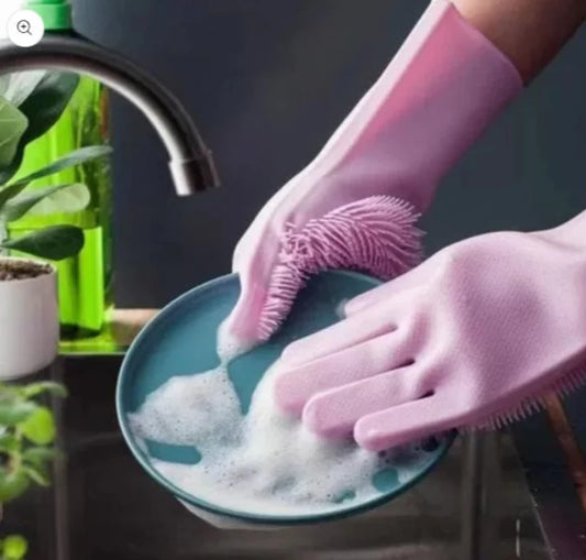 Silicone Non Slip Scrubber Dish Washing Gloves, 1 Pair- Multicolor -0014