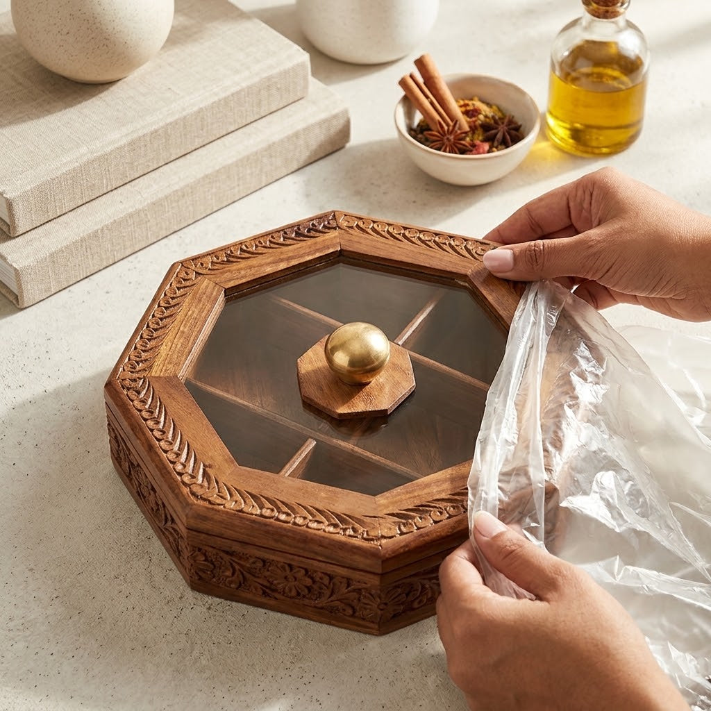 Handcrafted Wooden Dry Fruit Pot – Traditional Carved Storage Jar with Lid 0040