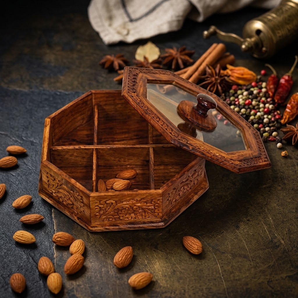 Handcrafted Wooden Dry Fruit Pot – Traditional Carved Storage Jar with Lid 0040