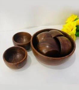 Handcrafted Wooden Serving Bowl Set (1 Large + 6 Small Bowls)-0019
