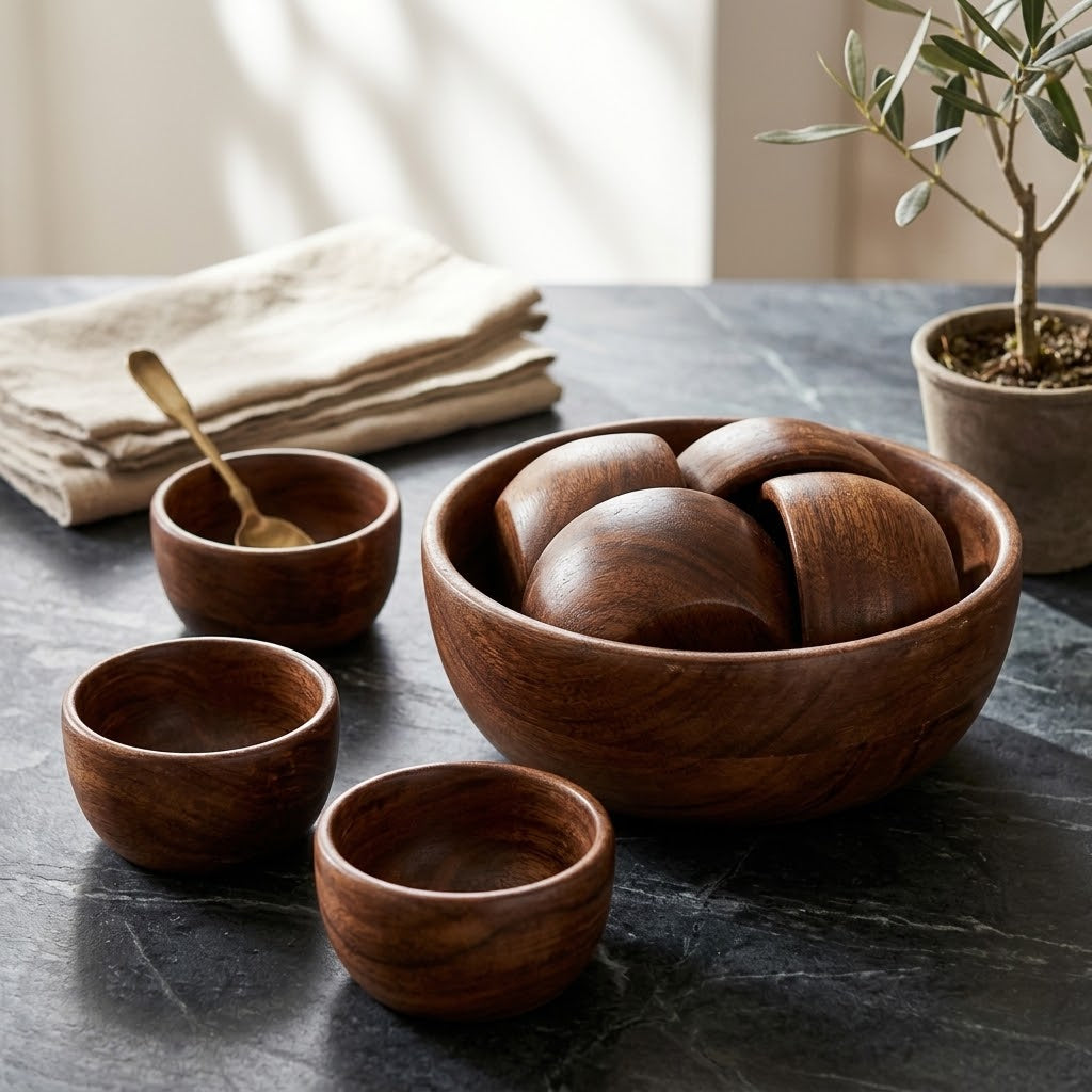 Handcrafted Wooden Serving Bowl Set (1 Large + 6 Small Bowls)-0019