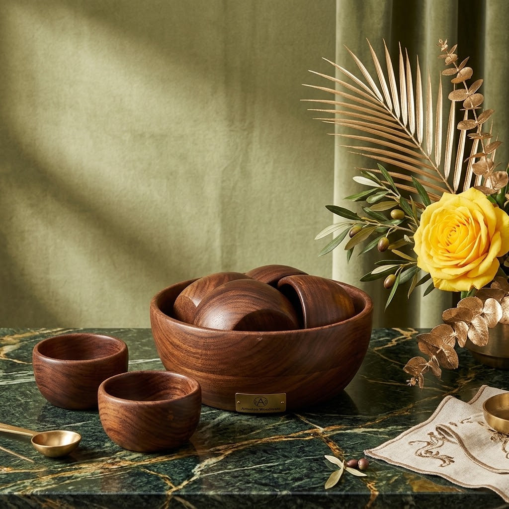 Handcrafted Wooden Serving Bowl Set (1 Large + 6 Small Bowls)-0019