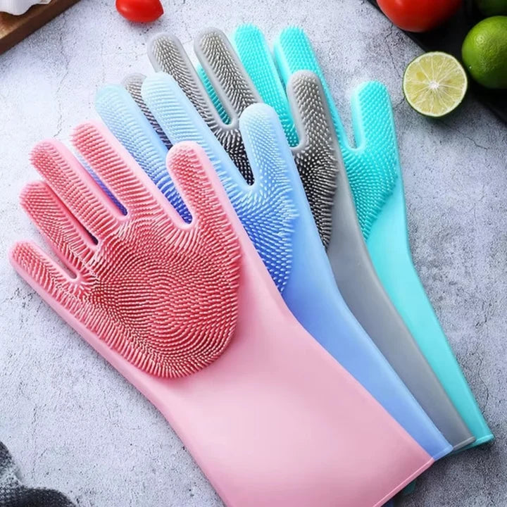 Silicone Non Slip Scrubber Dish Washing Gloves, 1 Pair- Multicolor -0014