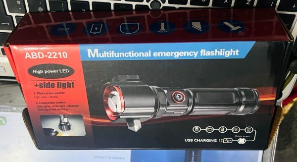 Rechargeable Multi Functional Emergency Abd 2210 Torch Imported 6-in-1 Flashlight & Power Bank – 2km Range