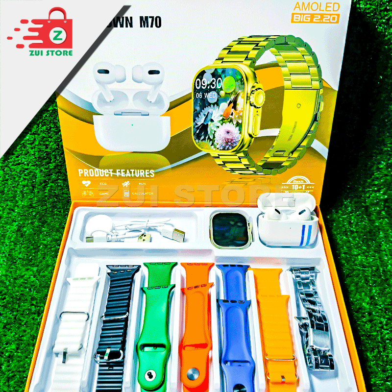 Crown M70 Smart Watch + AirPods Combo | 7 Straps Included | Bluetooth Calling | Premium Budget Deal | 75